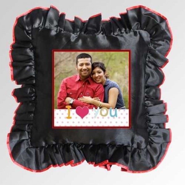 Black Square Cushion With Personalized Photo and Red Lace Border